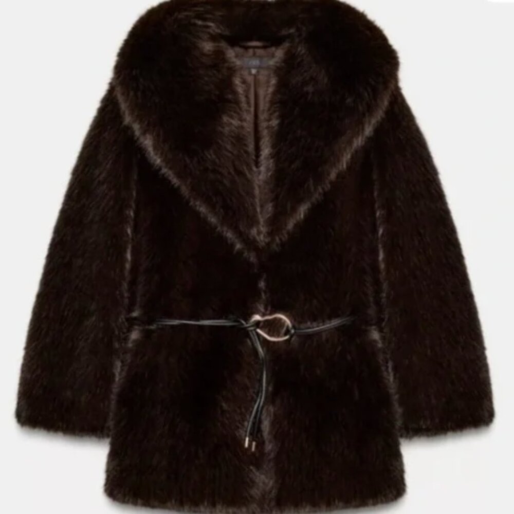 ZARA ZW Popular Faux Fur Belted Coat Dark Brown Size XS New (Sold Out in Stores)